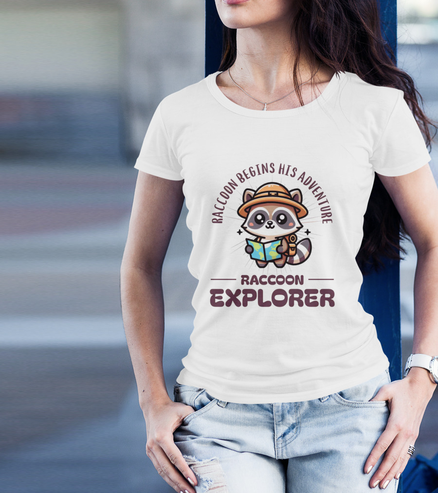 Raccoon Begins His Adventure Cute Explorer T-Shirt