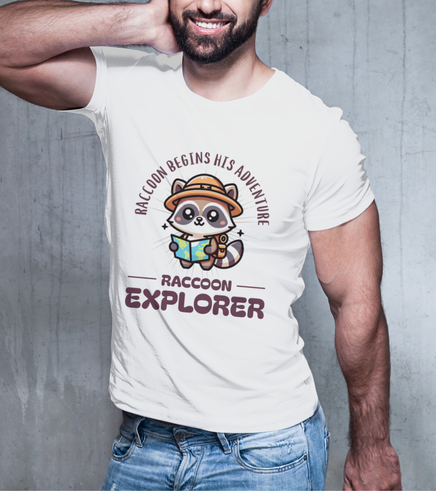 Raccoon Begins His Adventure Cute Explorer T-Shirt