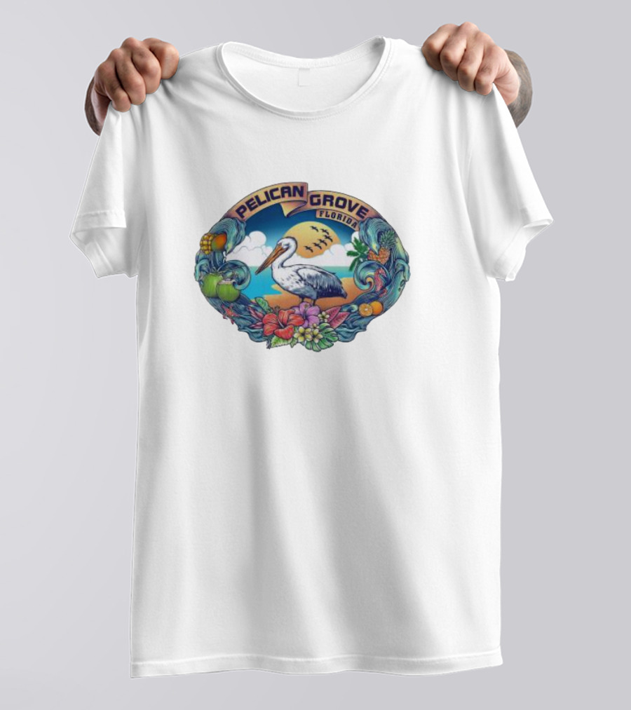 Pelican Grove Florida Tropical Beach Scene With Pelican And Coastal Fruits T-Shirt