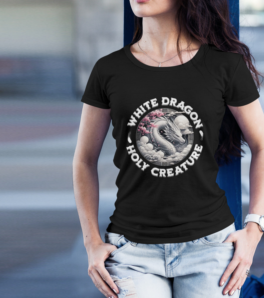White Dragon Holy Creature Cherry Blossom Circular T-Shirt