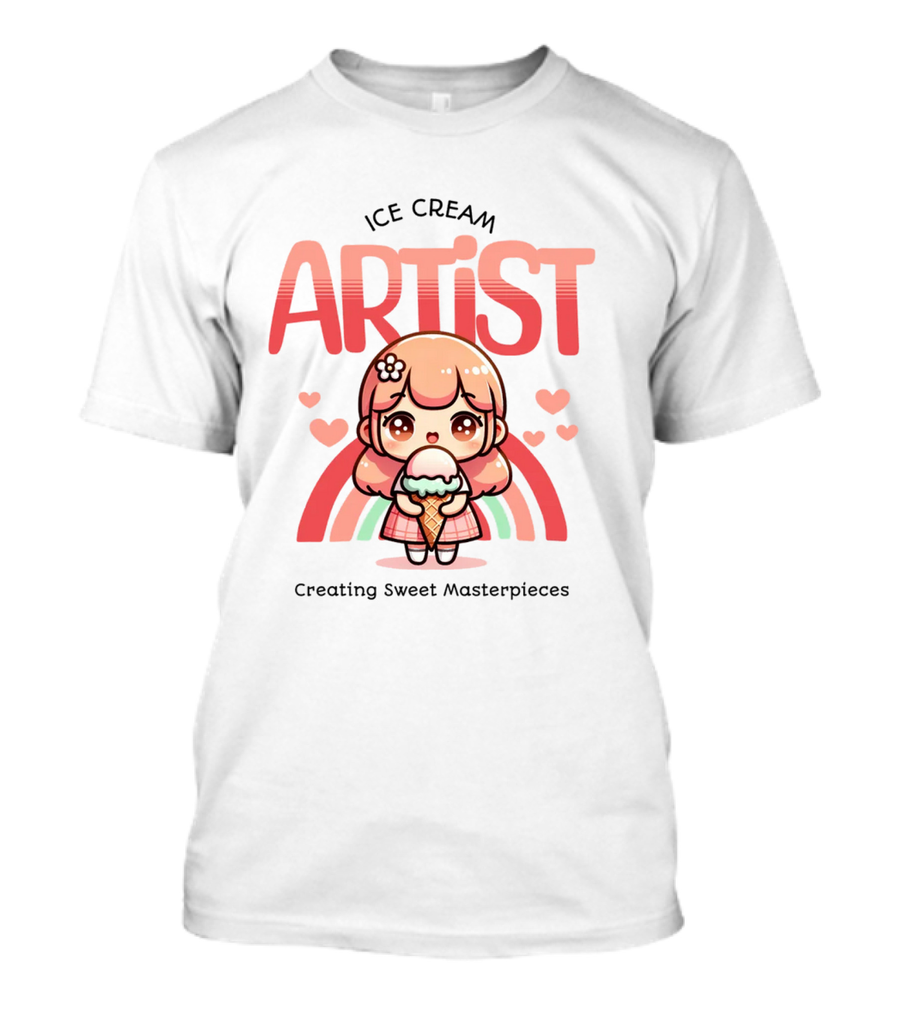 Ice Cream Artist Creating Sweet Masterpieces Kawaii Girl With Hearts And Rainbow T-Shirt