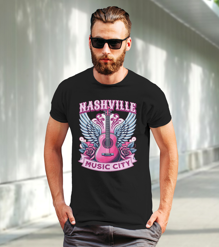 Nashville Music City Pink Guitar Wings Roses T-Shirt