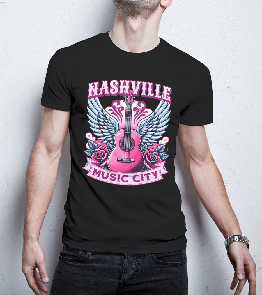 Nashville Music City Pink Guitar Wings Roses T-Shirt