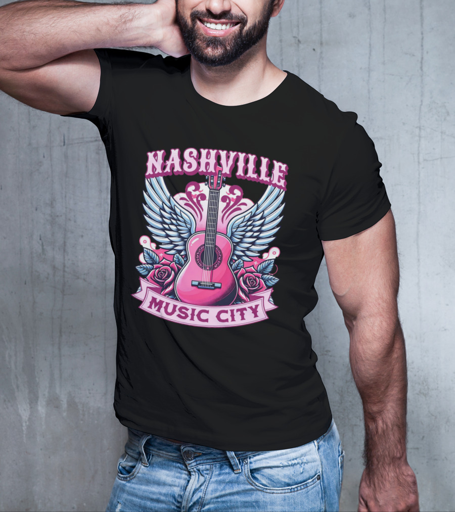 Nashville Music City Pink Guitar Wings Roses T-Shirt