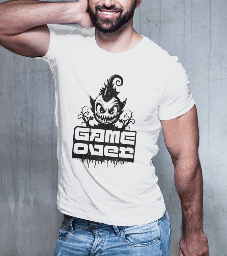 GAME OVER Creepy Monster Icon With Sharp Teeth And Spiky Hair T-Shirt
