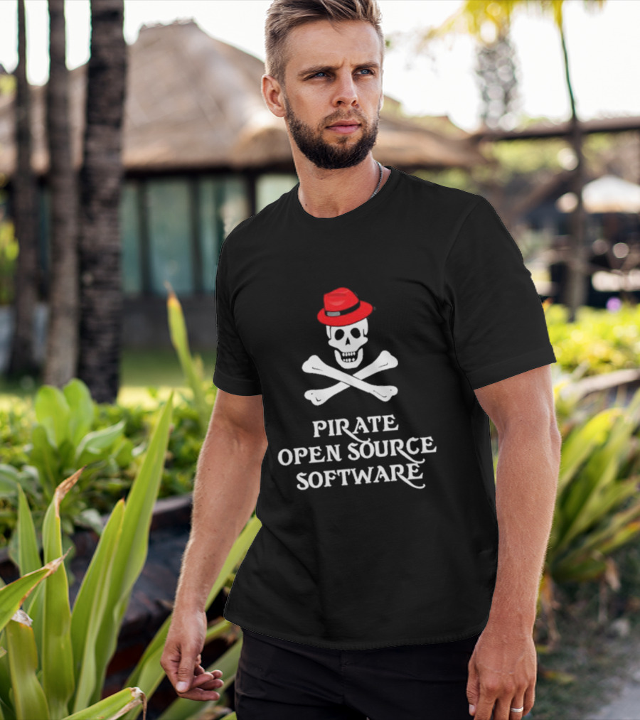 Jeff Geerling Pirate Open Source Software Skull With Red Hat T-Shirt