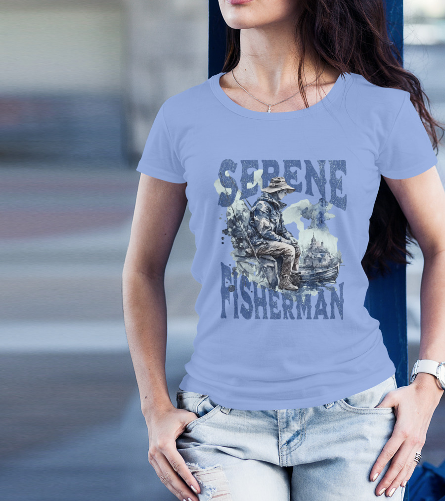 Serene Fisherman In Tranquil Lakeside Town With Boat And Reflection T-Shirt
