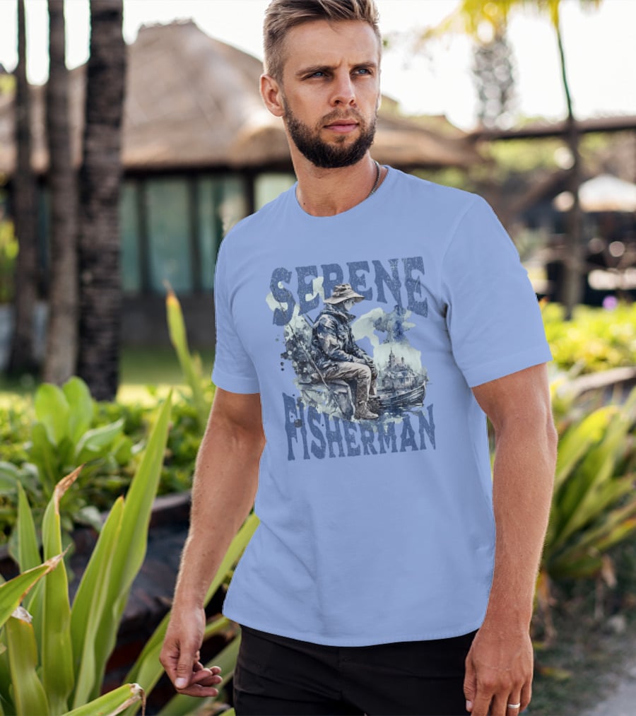Serene Fisherman In Tranquil Lakeside Town With Boat And Reflection T-Shirt