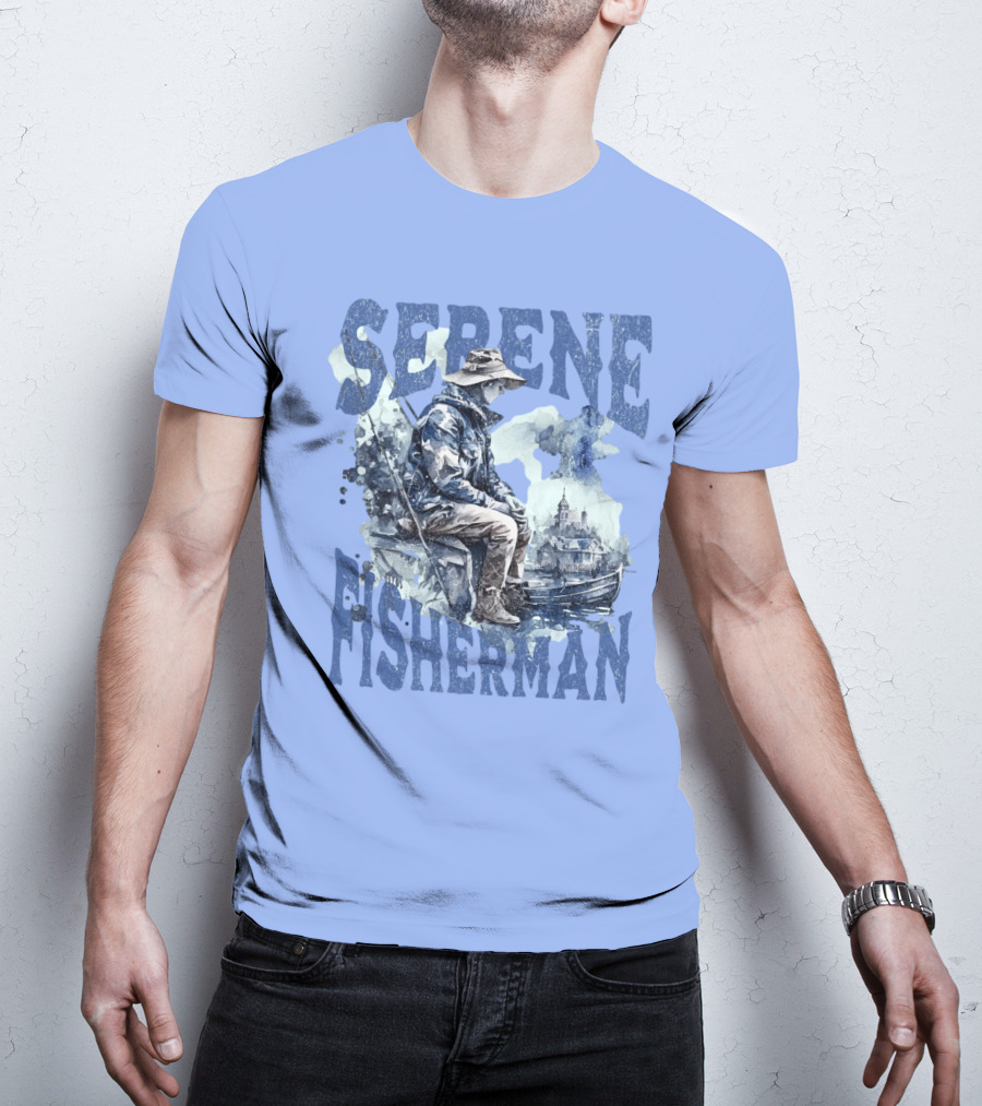 Serene Fisherman In Tranquil Lakeside Town With Boat And Reflection T-Shirt