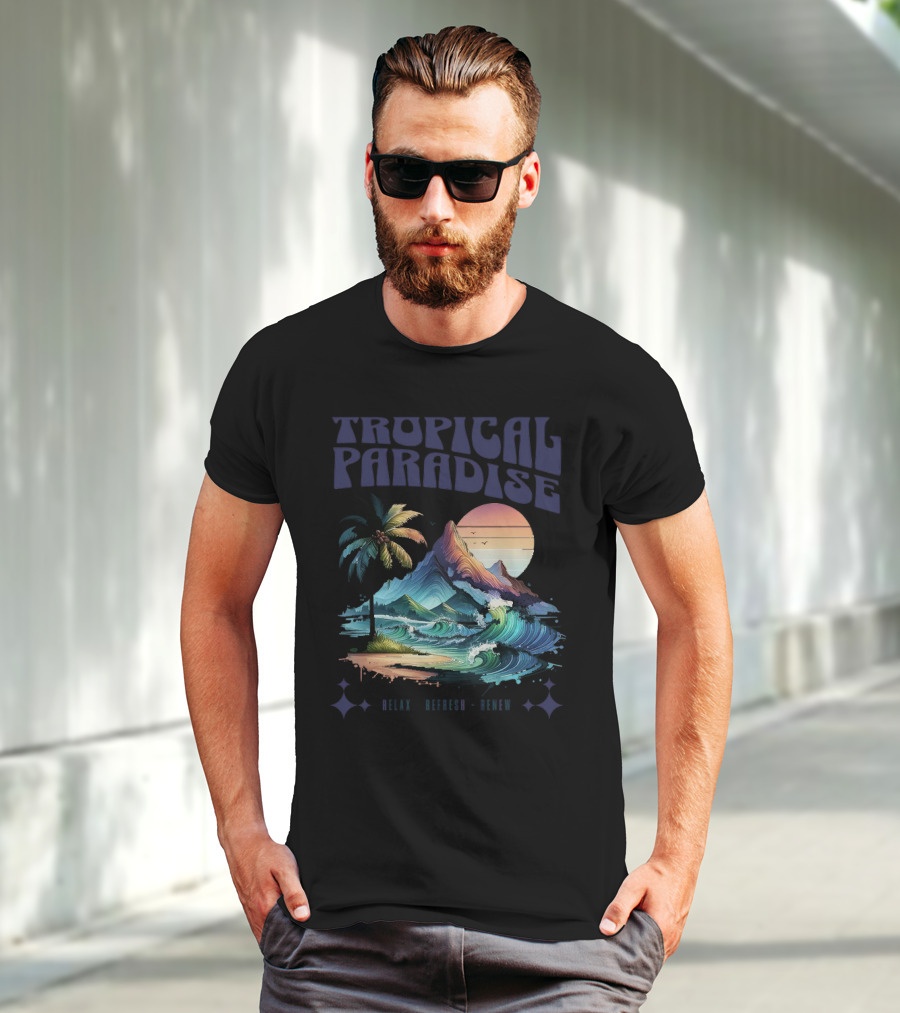 Tropical Paradise Palm Waves Island Horizon Sunset T-Shirt