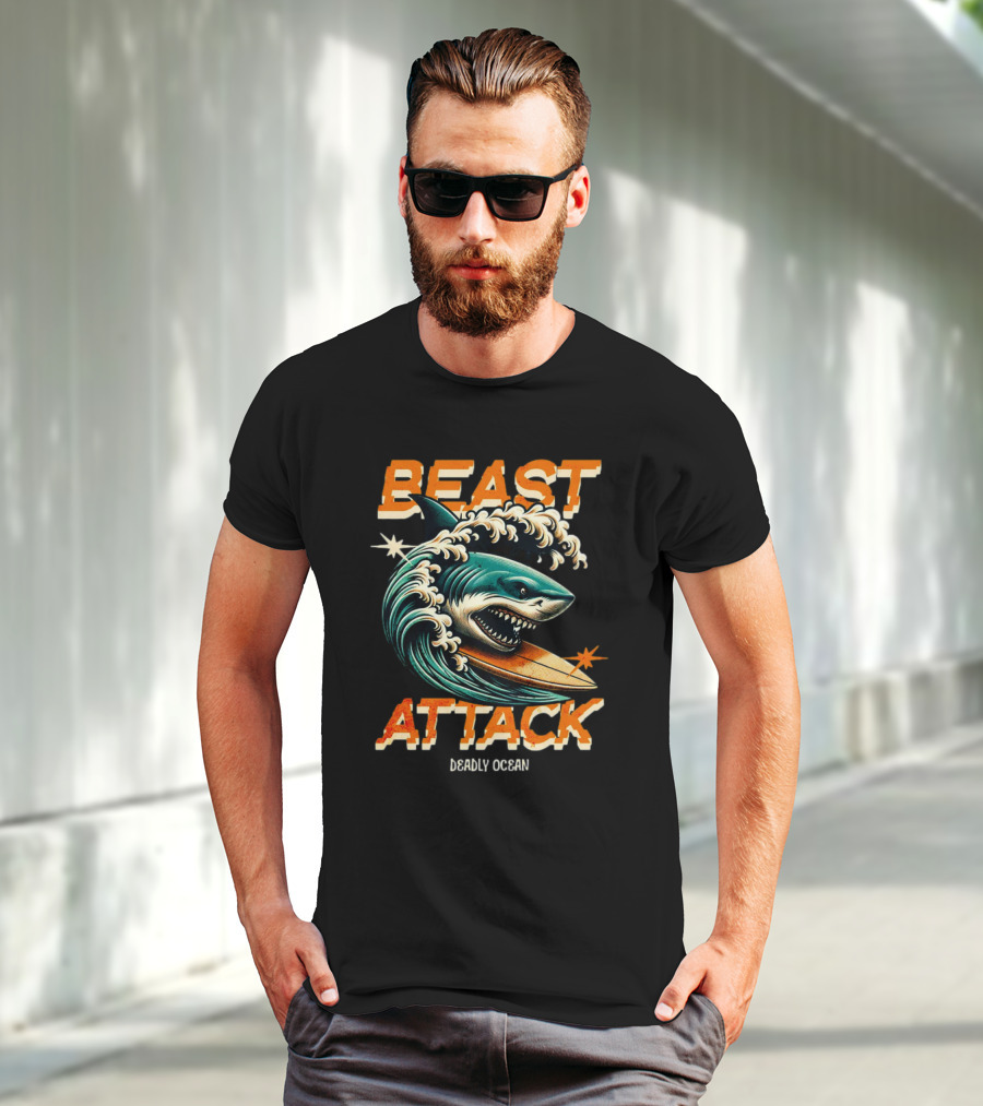 Beast Attack Deadly Ocean Shark Wave Surfboard T-Shirt