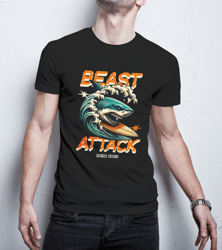 Beast Attack Deadly Ocean Shark Wave Surfboard T-Shirt