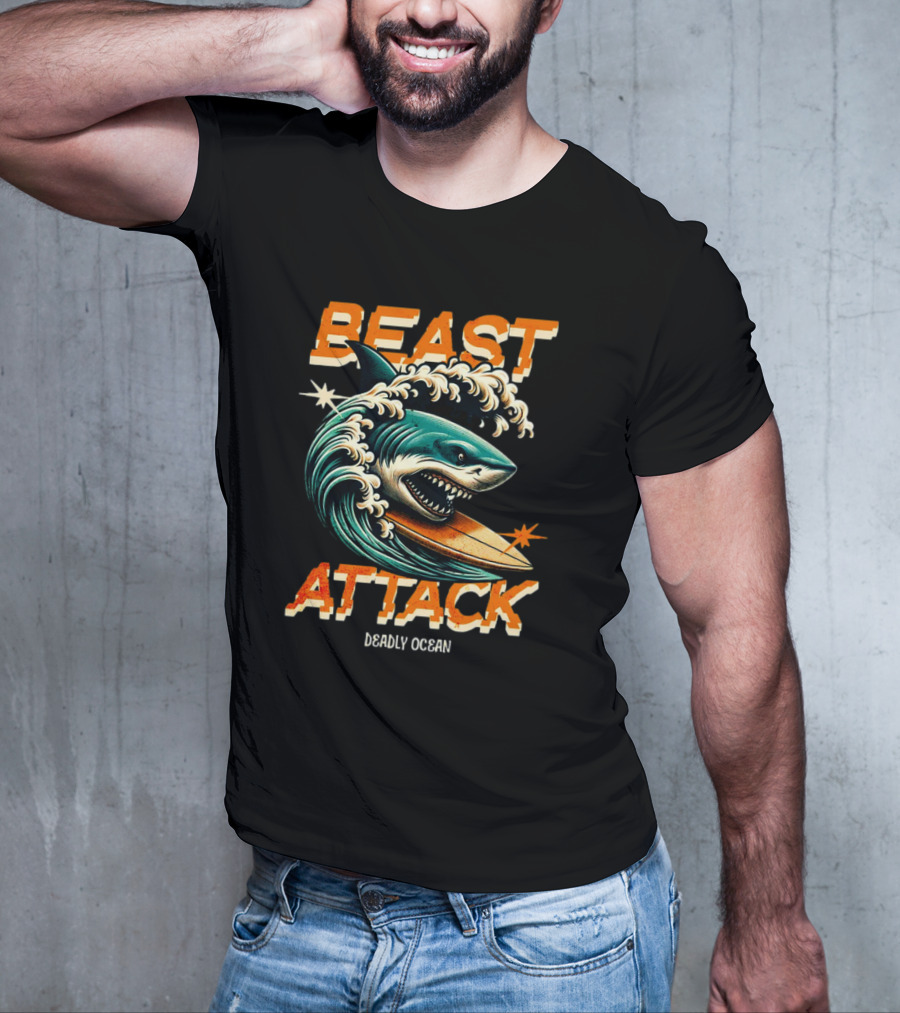 Beast Attack Deadly Ocean Shark Wave Surfboard T-Shirt
