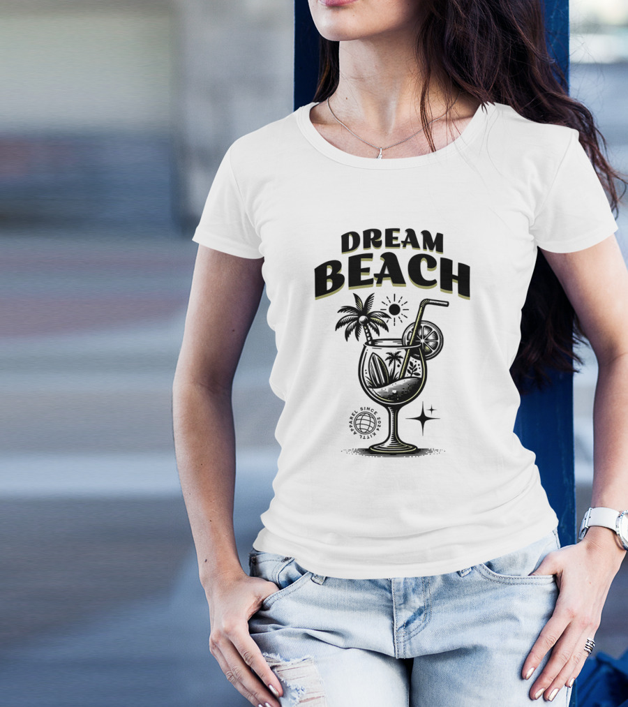 Dream Beach Travel Since 1981 Tropical Cocktail Palm Trees Sun And Moon T-Shirt
