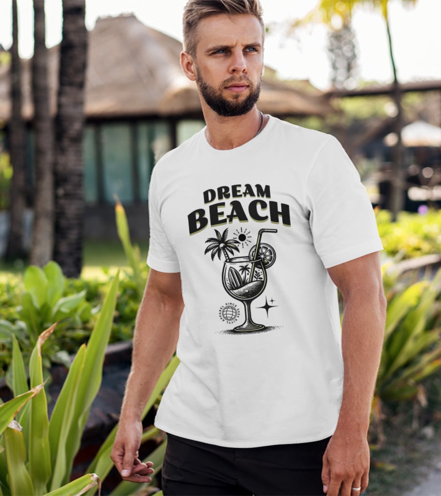 Dream Beach Travel Since 1981 Tropical Cocktail Palm Trees Sun And Moon T-Shirt