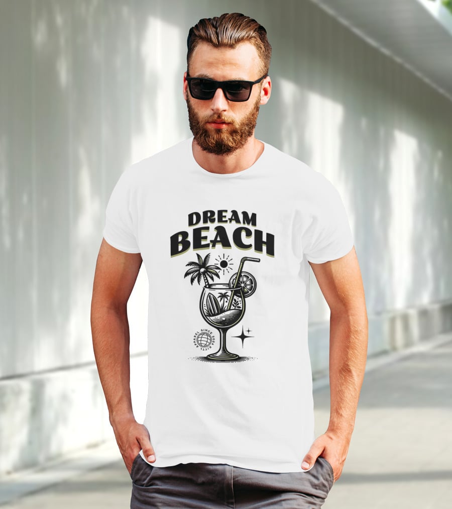 Dream Beach Travel Since 1981 Tropical Cocktail Palm Trees Sun And Moon T-Shirt