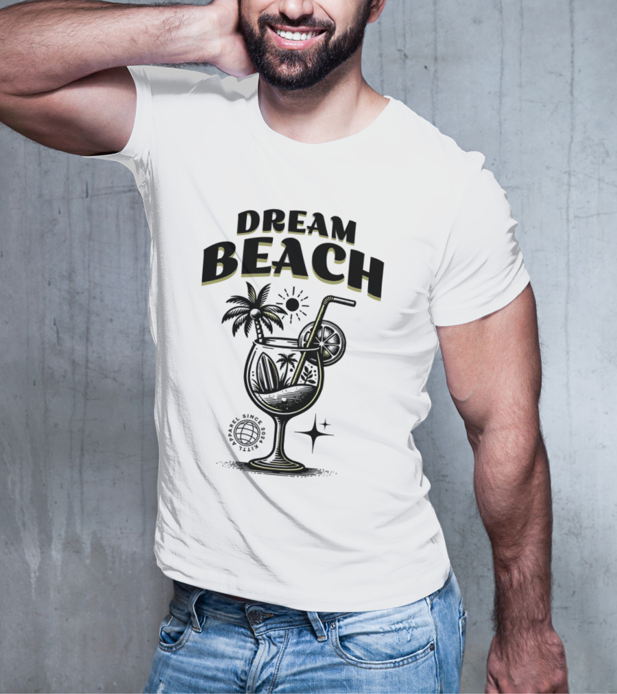 Dream Beach Travel Since 1981 Tropical Cocktail Palm Trees Sun And Moon T-Shirt