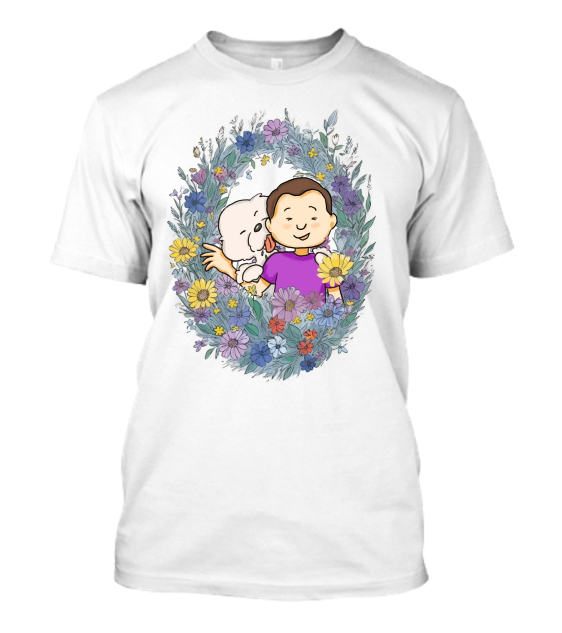 Dog Dad Cartoon Embrace In Floral Frame T-Shirt