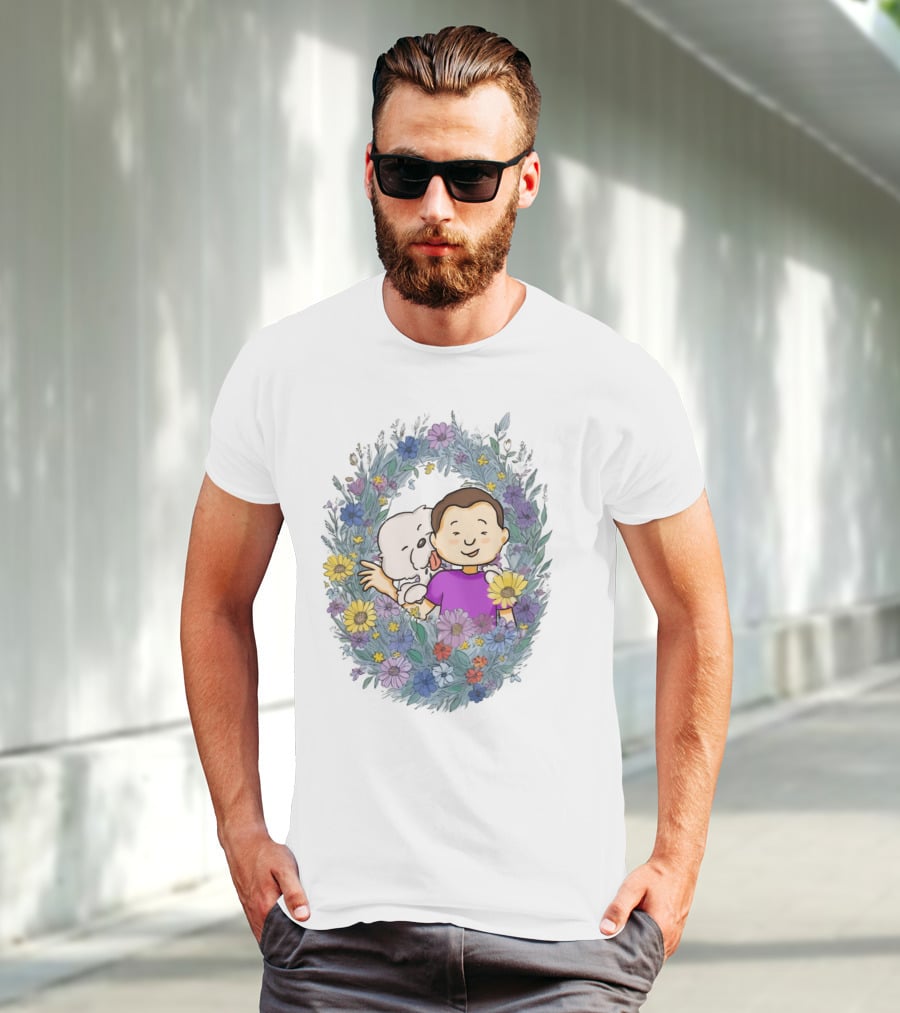 Dog Dad Cartoon Embrace In Floral Frame T-Shirt