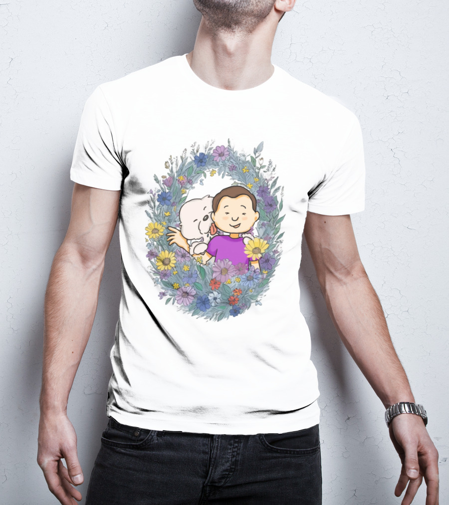 Dog Dad Cartoon Embrace In Floral Frame T-Shirt