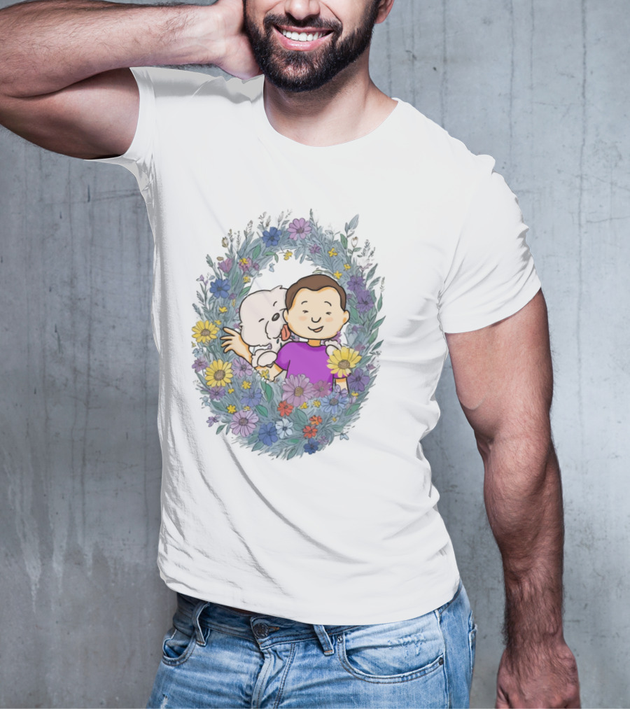 Dog Dad Cartoon Embrace In Floral Frame T-Shirt
