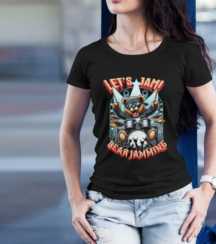 Let's Jam Bear Jamming Rock Drummer Concert Stage Electric Bear T-Shirt