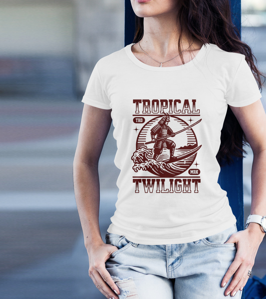 Tropical Twilight Surfing Samurai On Waves In Sunset Scene With TRD MRK T-Shirt