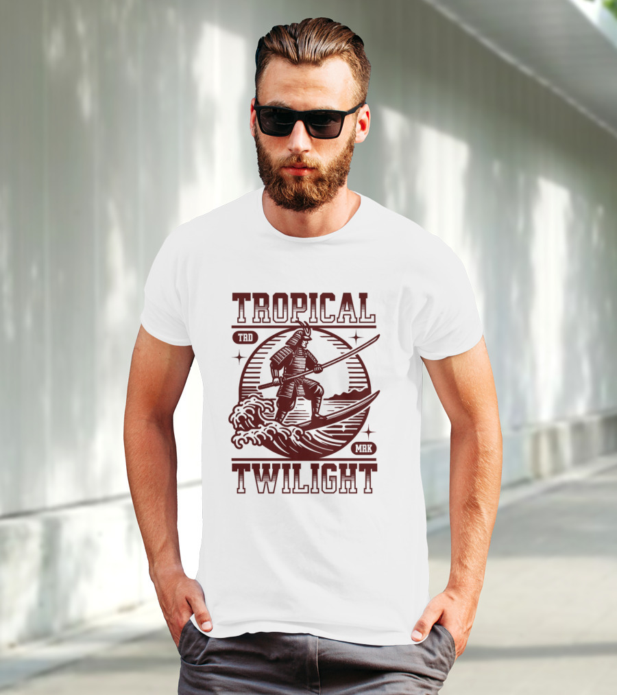 Tropical Twilight Surfing Samurai On Waves In Sunset Scene With TRD MRK T-Shirt