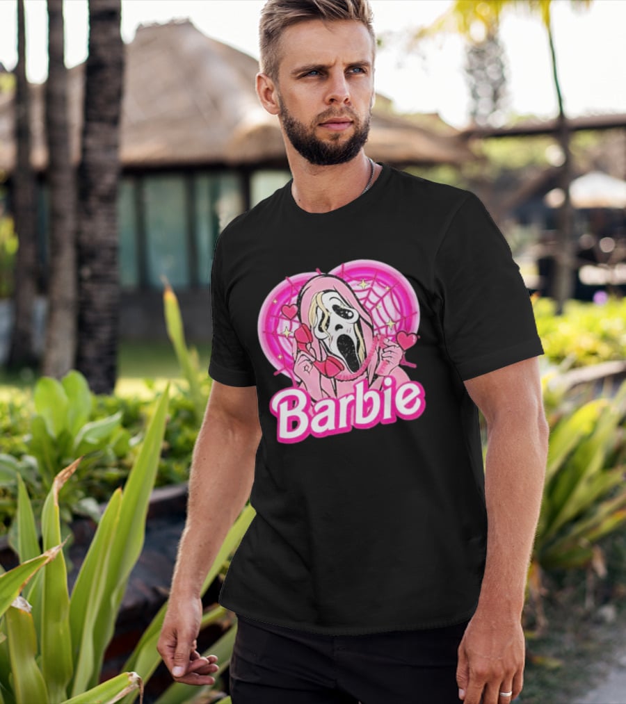 Barbie Horror Doll Ghost Face With Hearts And Pink Spiderwebs T-Shirt