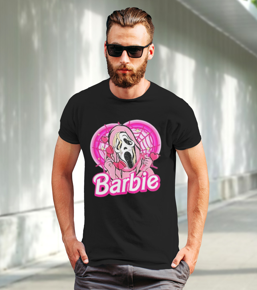 Barbie Horror Doll Ghost Face With Hearts And Pink Spiderwebs T-Shirt