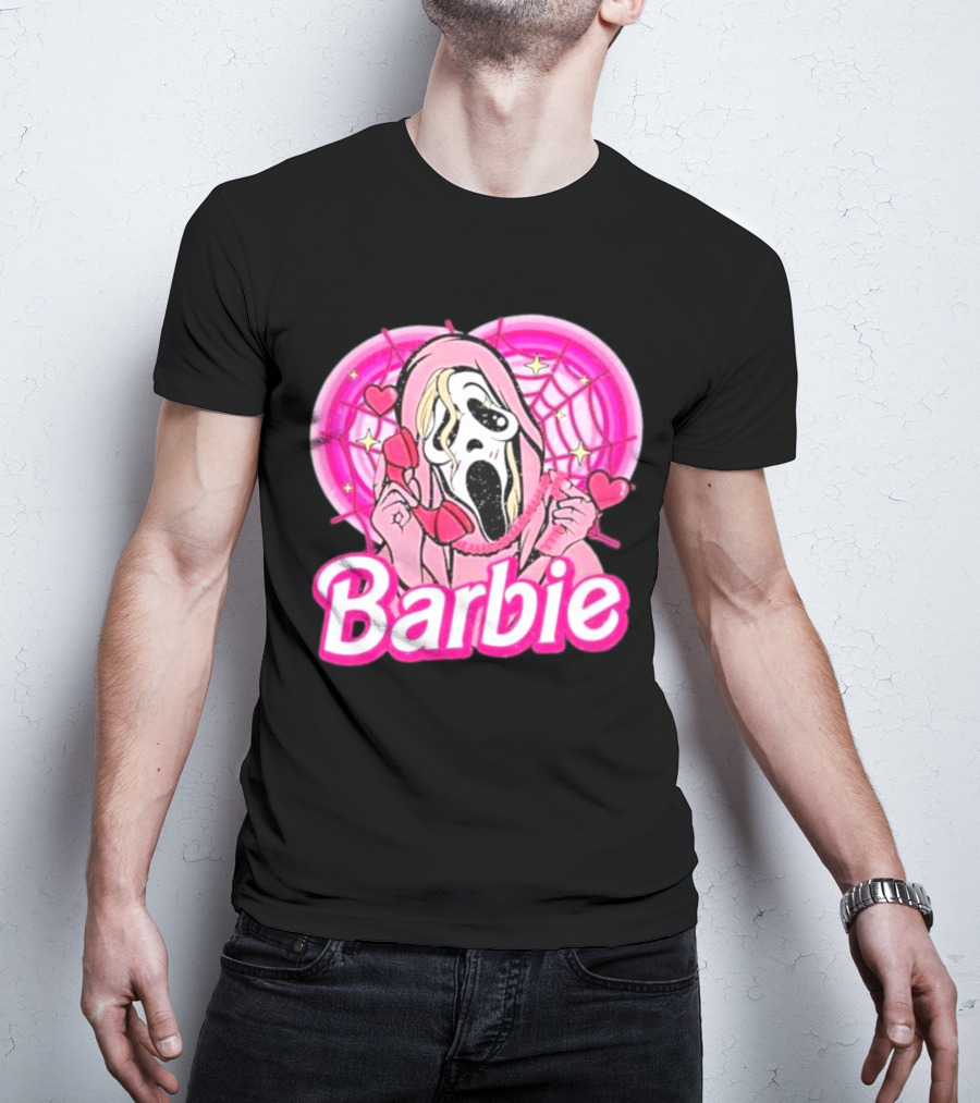 Barbie Horror Doll Ghost Face With Hearts And Pink Spiderwebs T-Shirt