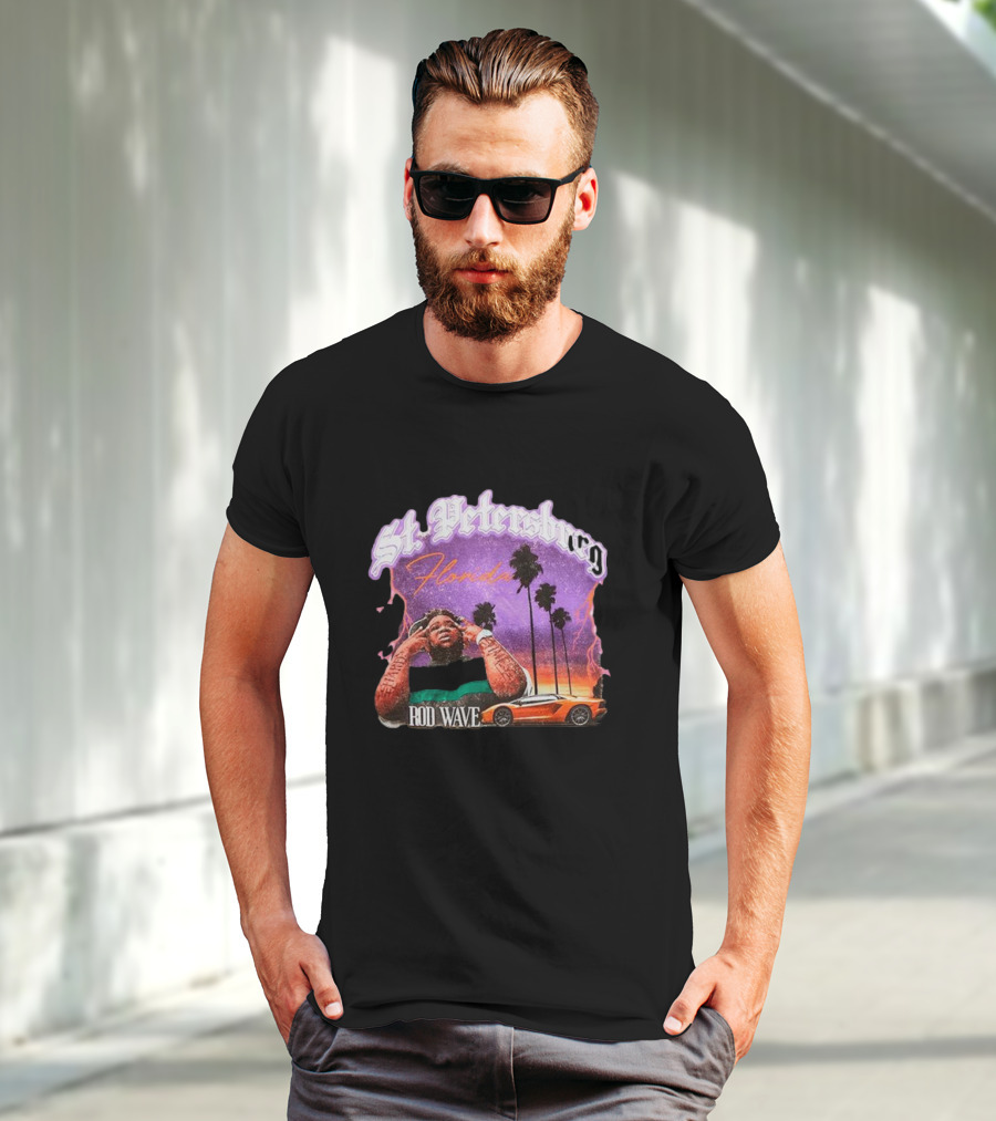 St. Petersburg Florida Rod Wave Purple Sunset Orange Car Palm Trees T-Shirt