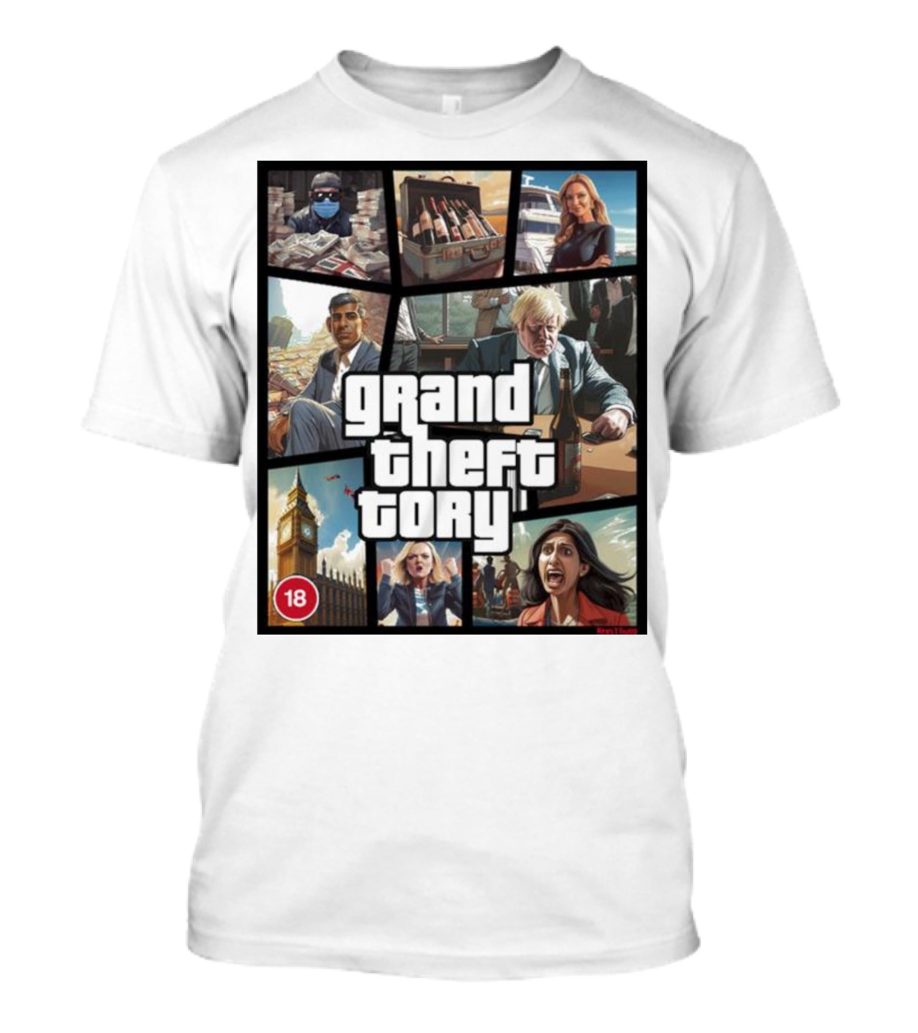 Grand Theft Tory GTA Big Ben Crime Drama 18+ Rating T-Shirt