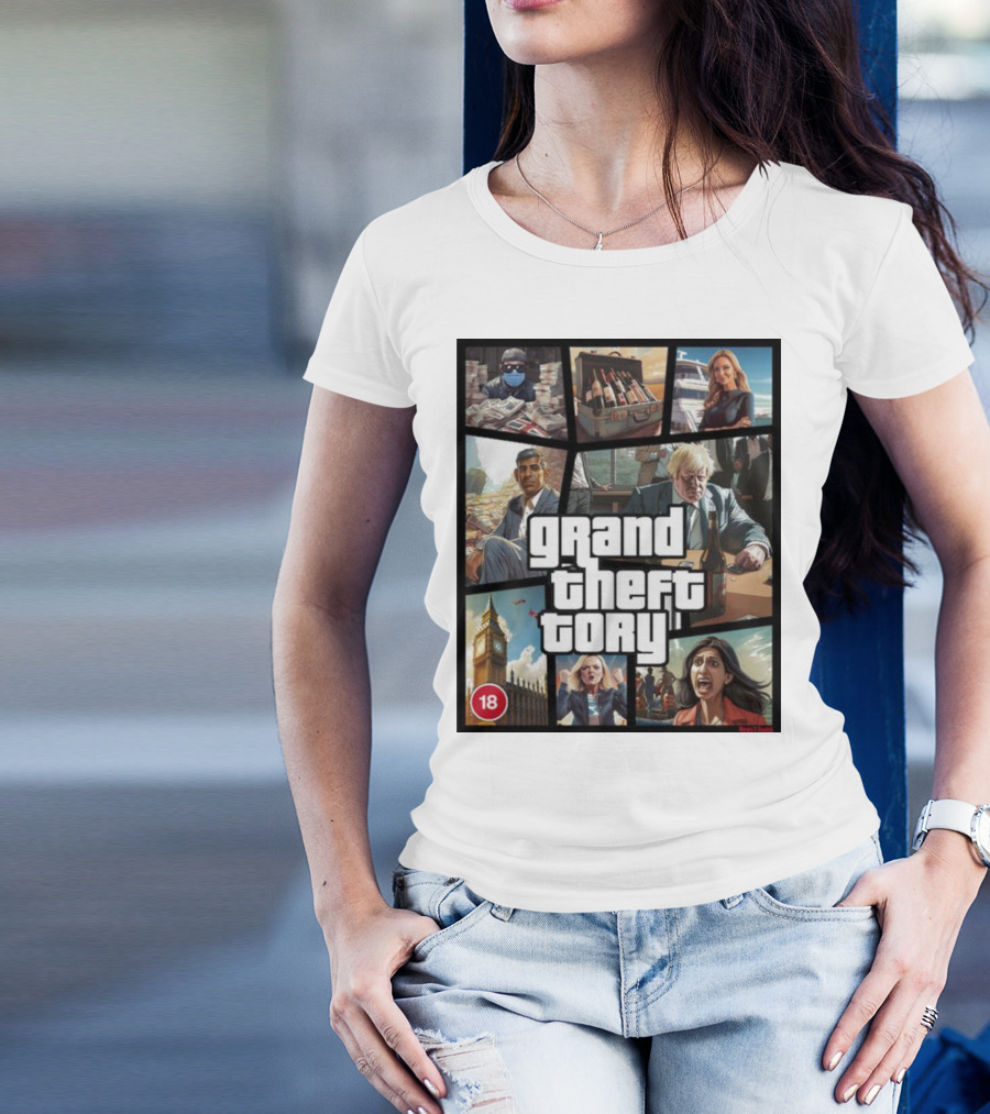 Grand Theft Tory GTA Big Ben Crime Drama 18+ Rating T-Shirt
