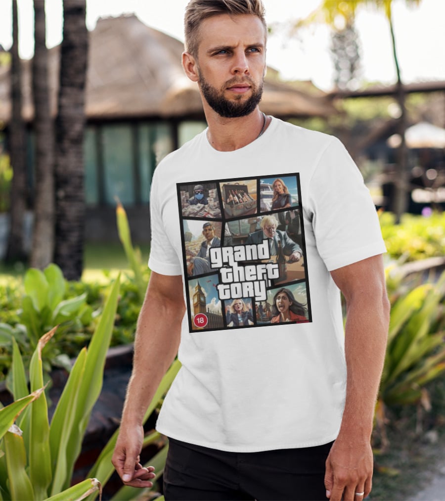 Grand Theft Tory GTA Big Ben Crime Drama 18+ Rating T-Shirt