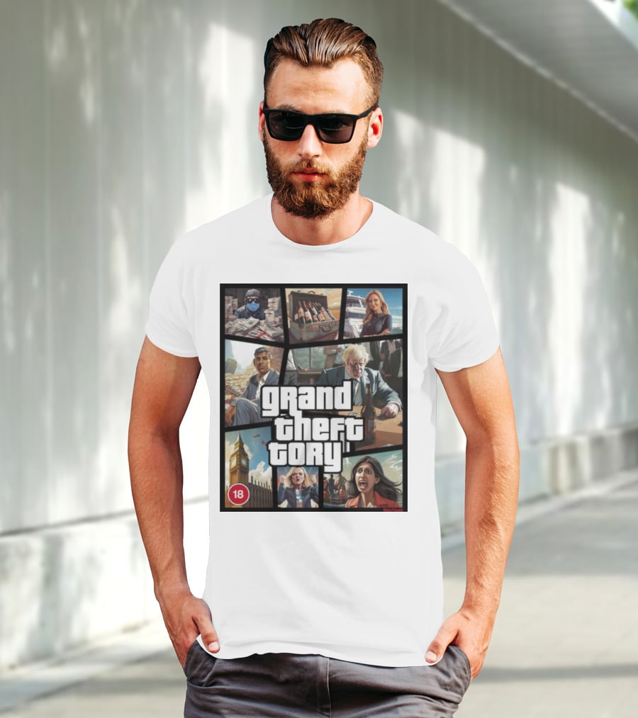 Grand Theft Tory GTA Big Ben Crime Drama 18+ Rating T-Shirt