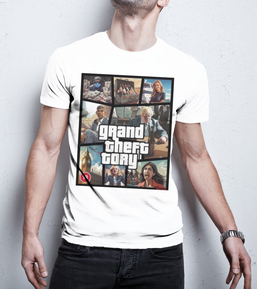 Grand Theft Tory GTA Big Ben Crime Drama 18+ Rating T-Shirt