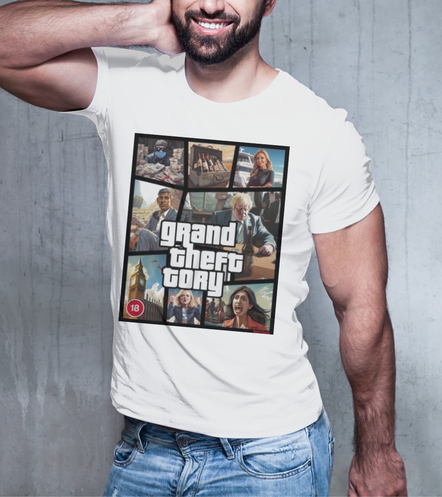 Grand Theft Tory GTA Big Ben Crime Drama 18+ Rating T-Shirt
