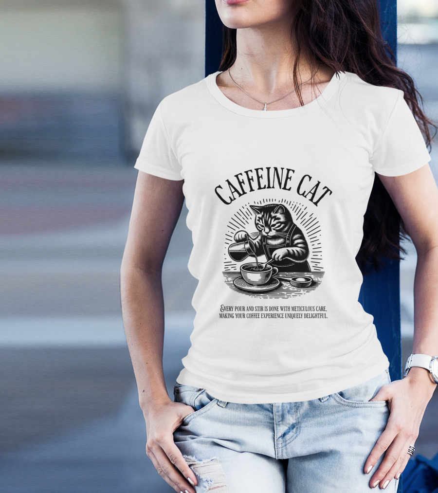 CAFFEINE CAT EVERY POUR AND STIR IS DONE WITH METICULOUS CARE MAKING YOUR COFFEE EXPERIENCE UNIQUELY DELIGHTFUL T-Shirt