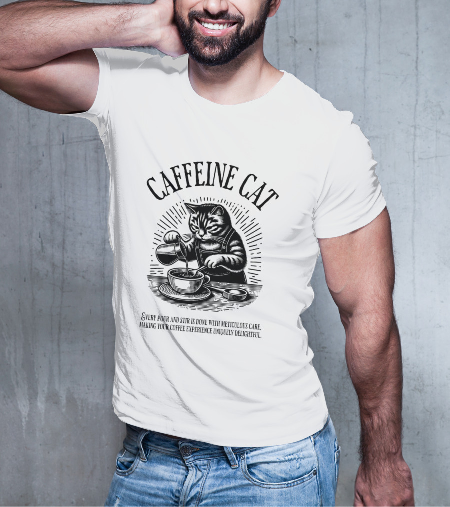 CAFFEINE CAT EVERY POUR AND STIR IS DONE WITH METICULOUS CARE MAKING YOUR COFFEE EXPERIENCE UNIQUELY DELIGHTFUL T-Shirt