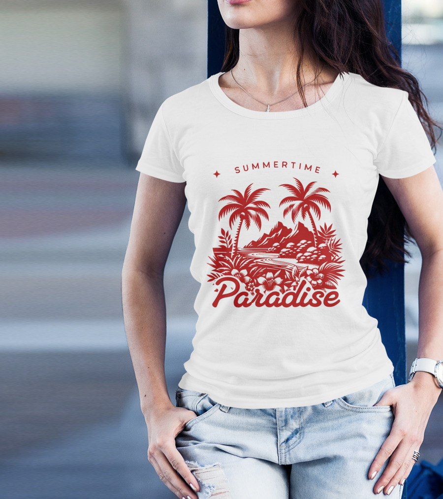 Summertime Paradise Palm Trees And Mountains Landscape T-Shirt