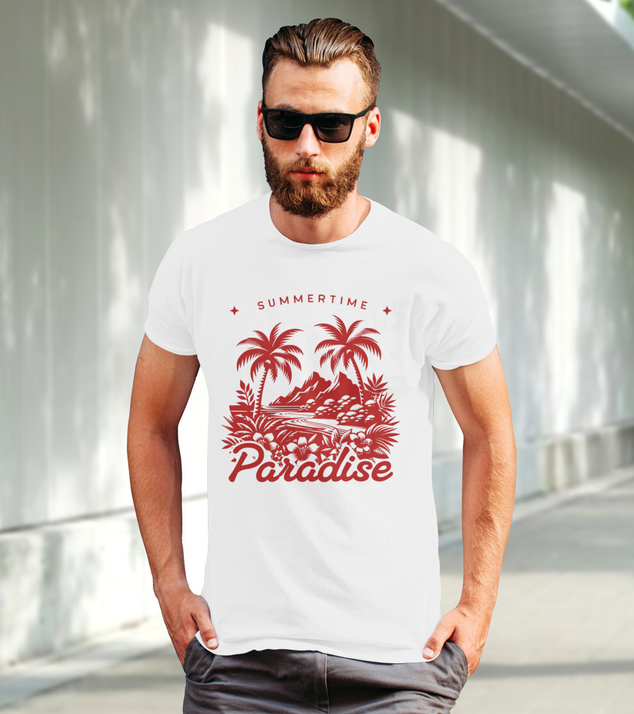 Summertime Paradise Palm Trees And Mountains Landscape T-Shirt