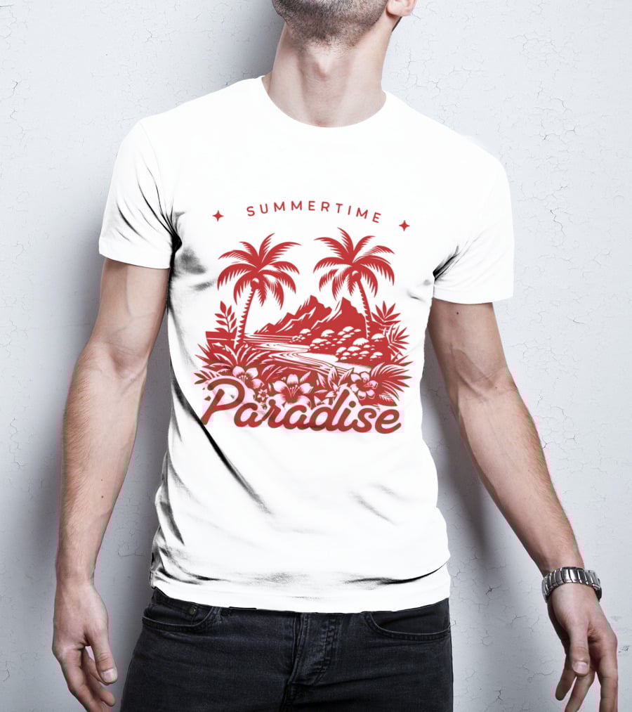 Summertime Paradise Palm Trees And Mountains Landscape T-Shirt