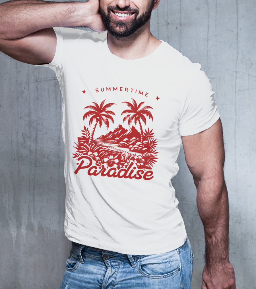 Summertime Paradise Palm Trees And Mountains Landscape T-Shirt