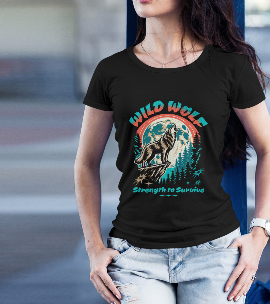 WILD WOLF Strength To Survive Full Moon Forest Scene T-Shirt