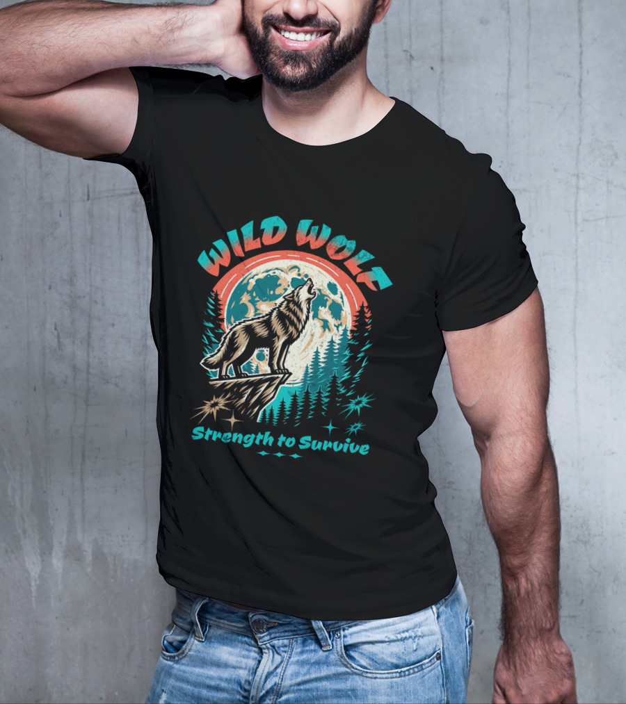 WILD WOLF Strength To Survive Full Moon Forest Scene T-Shirt