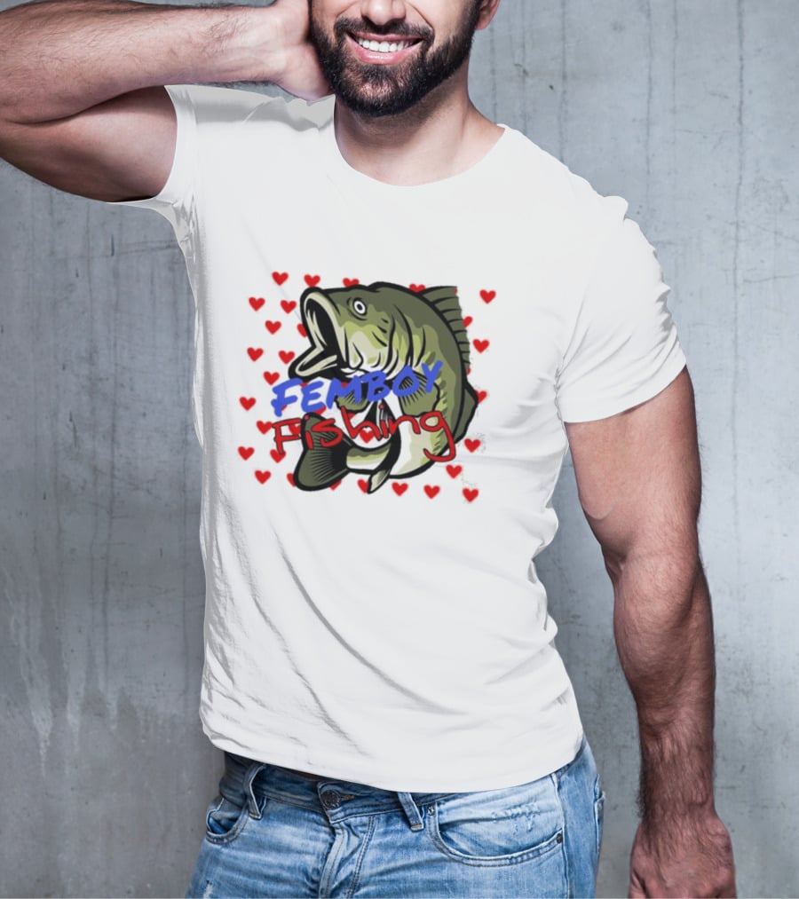 Femboy Fishing With Heart Pattern And Big Mouth Bass T-Shirt