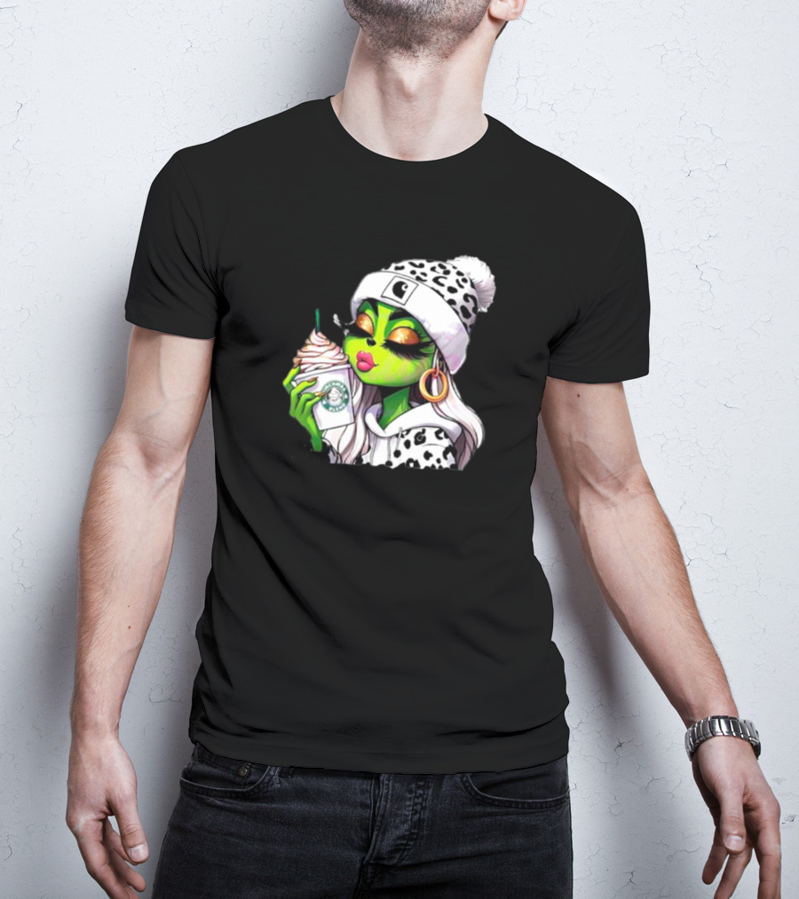 Grinchmas Blend Leopard Girl With Winter Leopard Beanie And Coffee Cup T-Shirt