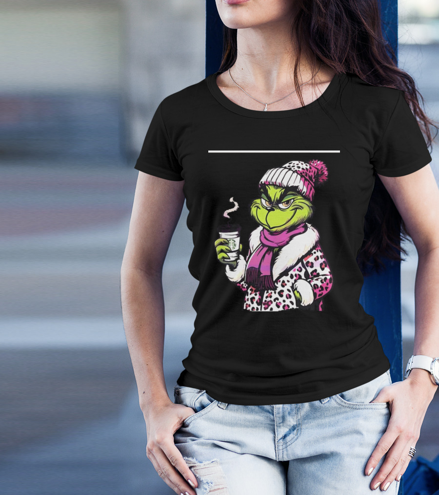 Grinchy And Bougie In Pink Leopard With Coffee Cup T-Shirt