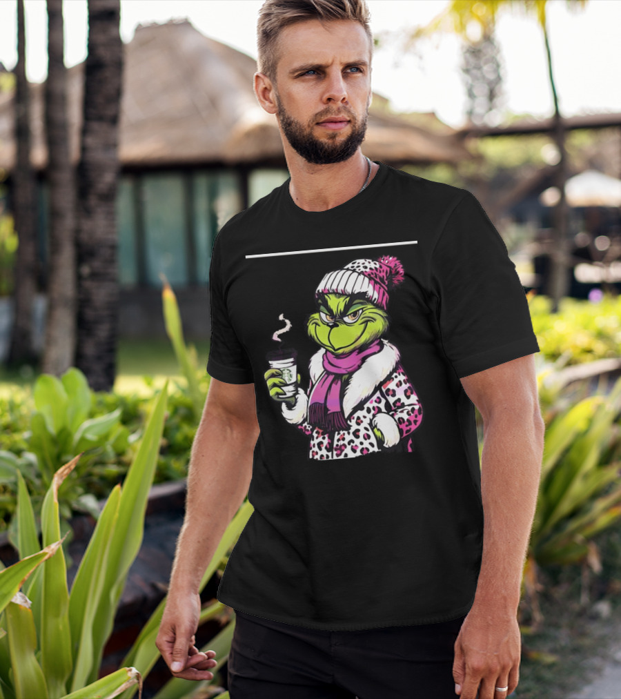 Grinchy And Bougie In Pink Leopard With Coffee Cup T-Shirt